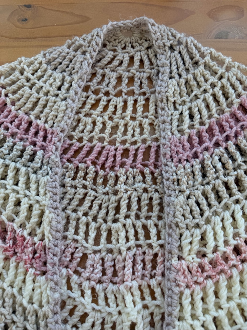 Vintage Handmade Open-Weave Crocheted Shawl Cream w/Pink Stripes Grandma Core